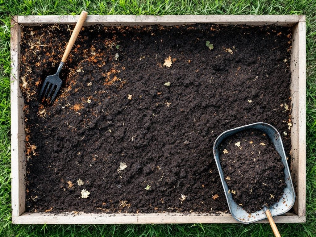 Top-down view of a vegetable bed with dark compost spread over loosened garden soil, with a fork and wheelbarrow.