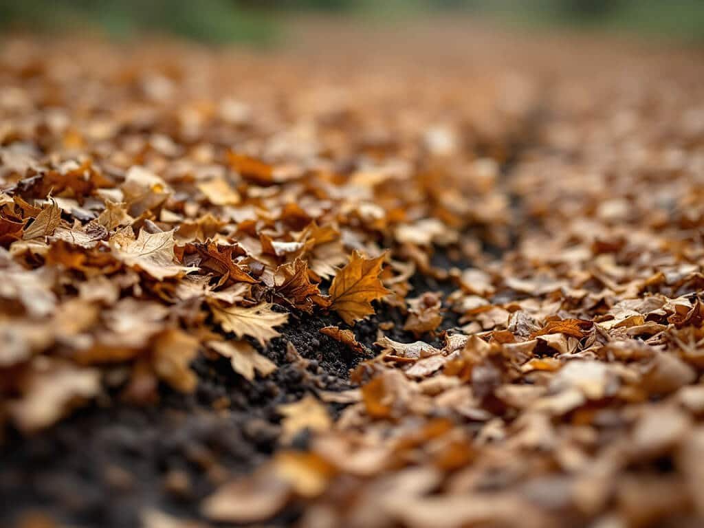 Close-up of chopped leaf mulch layered over dark garden soil in a planting bed, with wood chips on the path behind.
