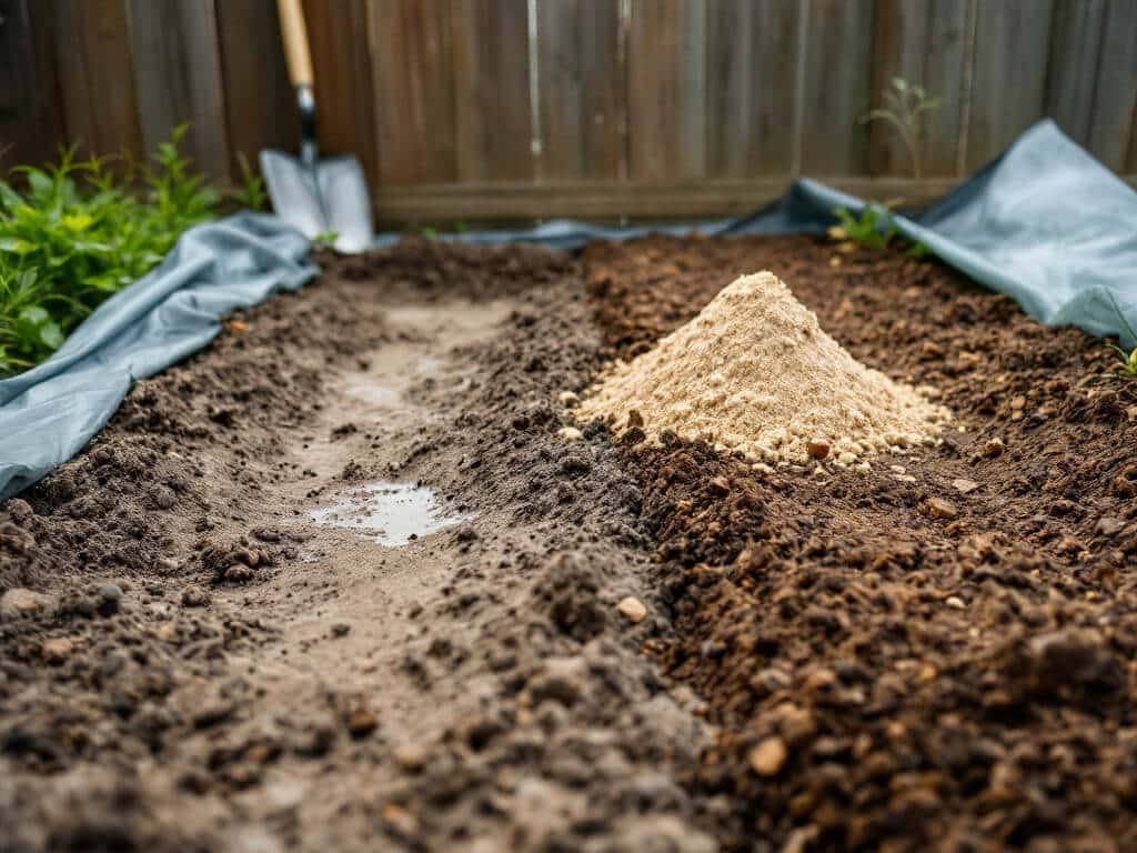 Finely tilled crusted garden soil beside crumbly untilled soil in a vegetable bed, with a heap of sand set aside.