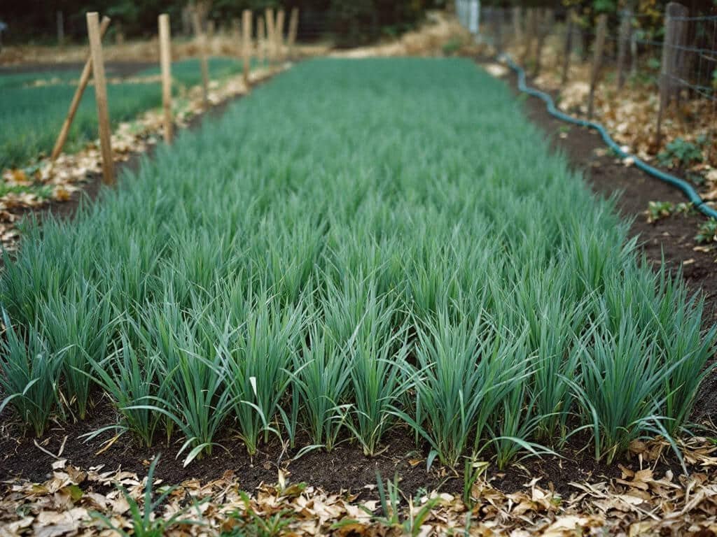 Young cereal rye cover crop growing across a home vegetable plot to improve compacted garden soil.