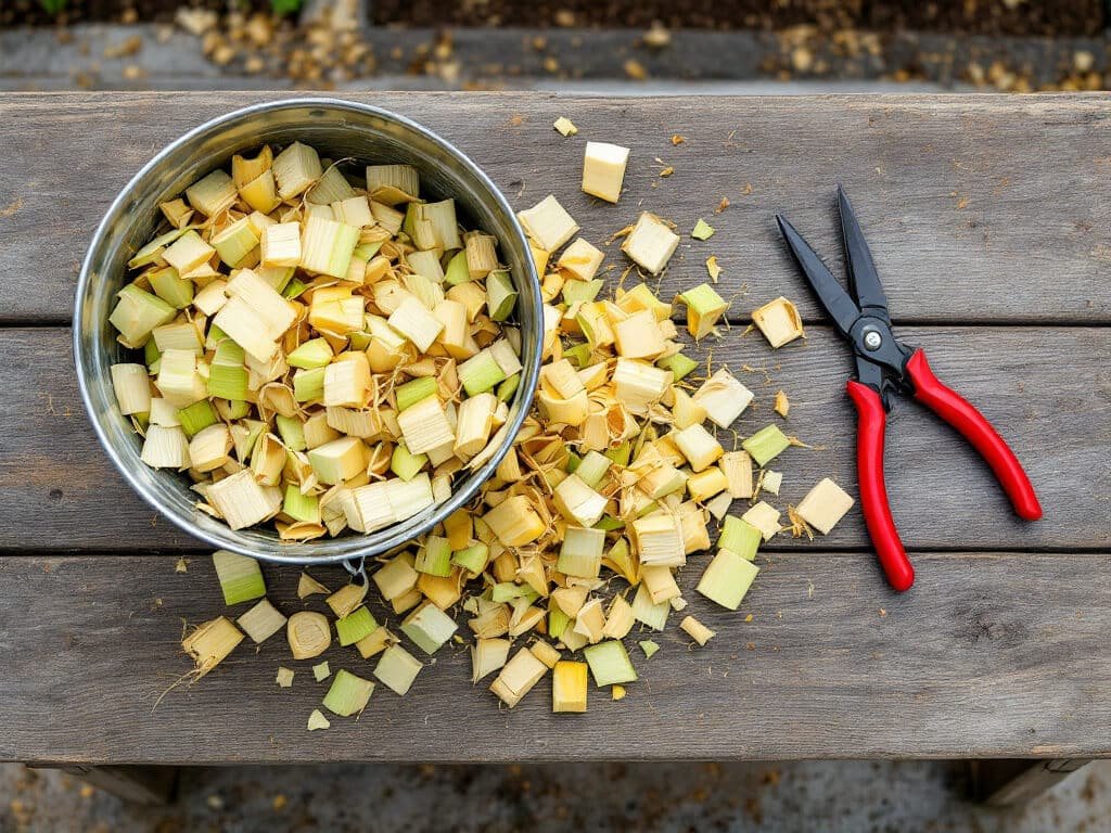 Chopped corn husks in a galvanized bucket on a potting bench next to garden shears and a few whole husks.