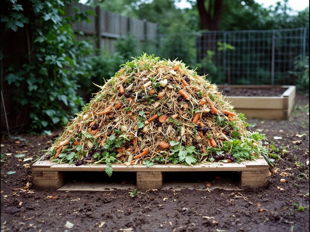 A new compost pile in a pallet bin with chopped corn husks mixed with grass clippings and vegetable scraps.