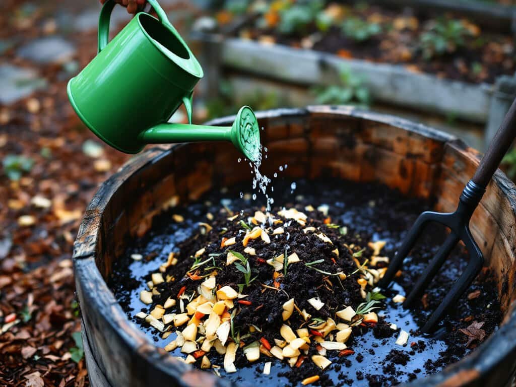 A watering can sprinkling water onto a compost pile of chopped corn husks and garden scraps.