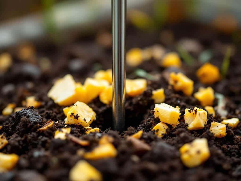 A compost thermometer probe inserted into the center of a pile of decomposing corn husks and garden scraps.