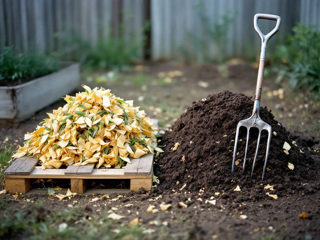 A pitchfork standing in a freshly turned compost heap of corn husks beside the original pile in a wooden bin.