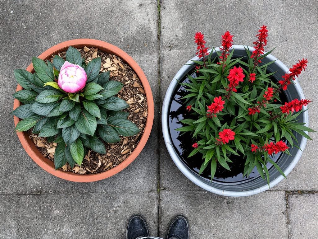 A peony in a dry terracotta pot beside a cardinal flower in a tub standing in water on a patio.