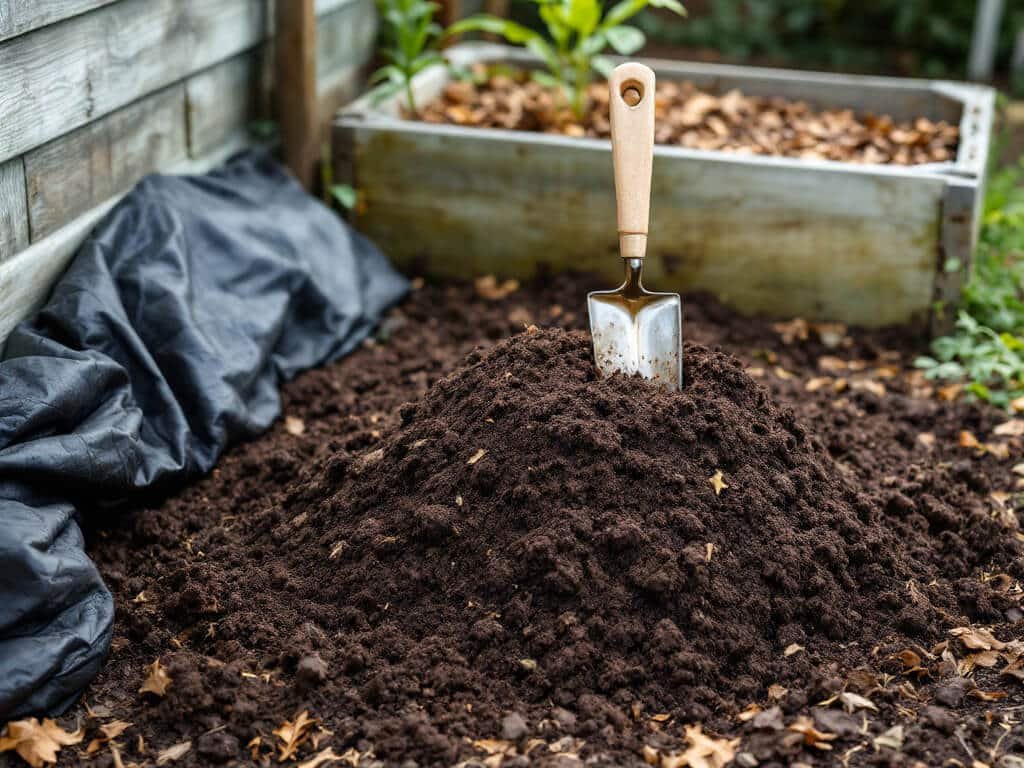 A curing compost heap, dark and crumbly, with a trowel upright in it beside a vegetable garden bed.