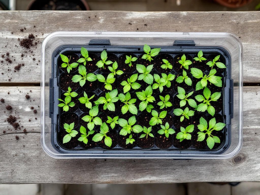 Tomato seedlings with first true leaves growing in a seed tray inside a heated propagator on a garden bench.