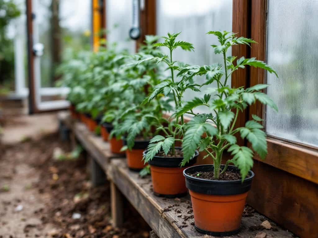 Young tomato plants in pots lined up on a shelf by an open greenhouse door to acclimatize.