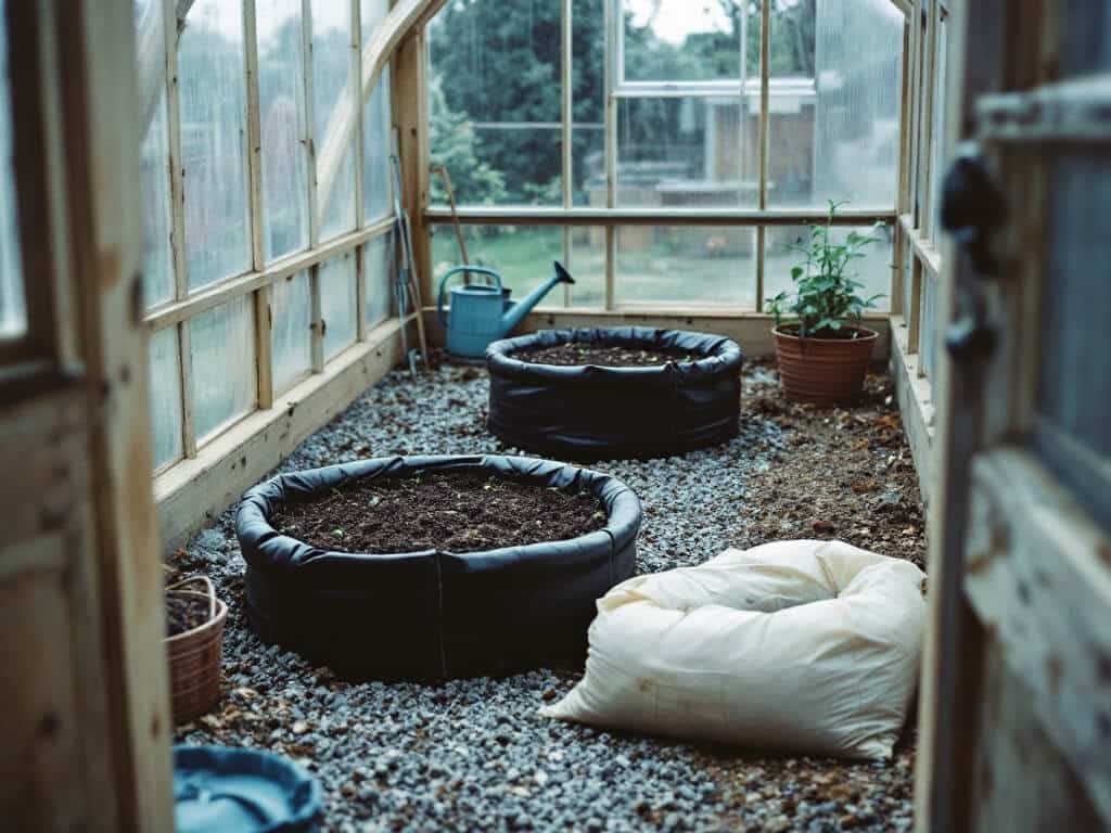 Bottomless rings of compost on a gravel bed and growing bags prepared for planting tomatoes in a greenhouse.