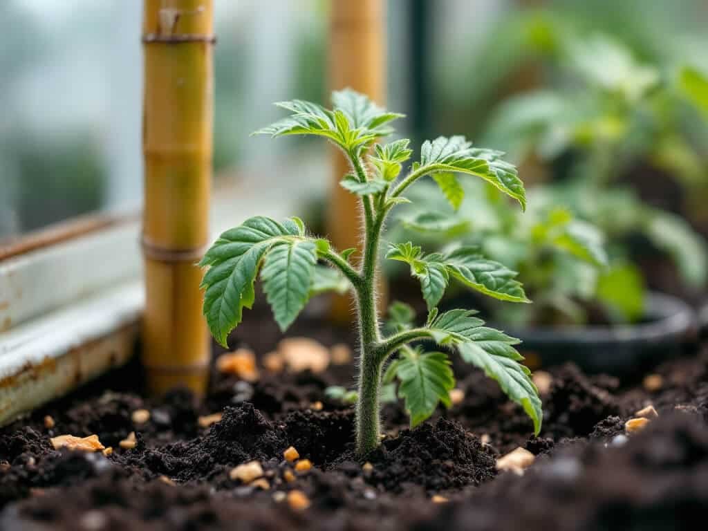 Young tomato plant planted deeply in greenhouse soil with a second plant spaced apart behind it.