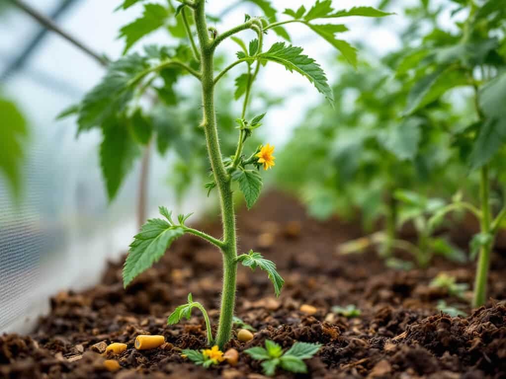 Cordon tomato plant tied to a vertical string in a greenhouse with side shoots removed.