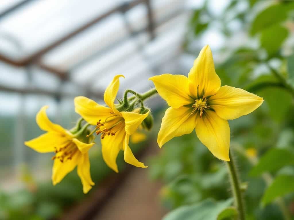 Open yellow tomato flowers on a truss with an open greenhouse vent blurred behind.