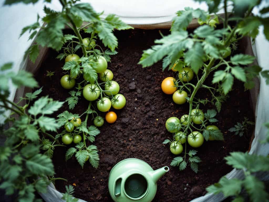 Tomato plants with swelling green fruit trusses in a growing bag beside a watering can of liquid feed.