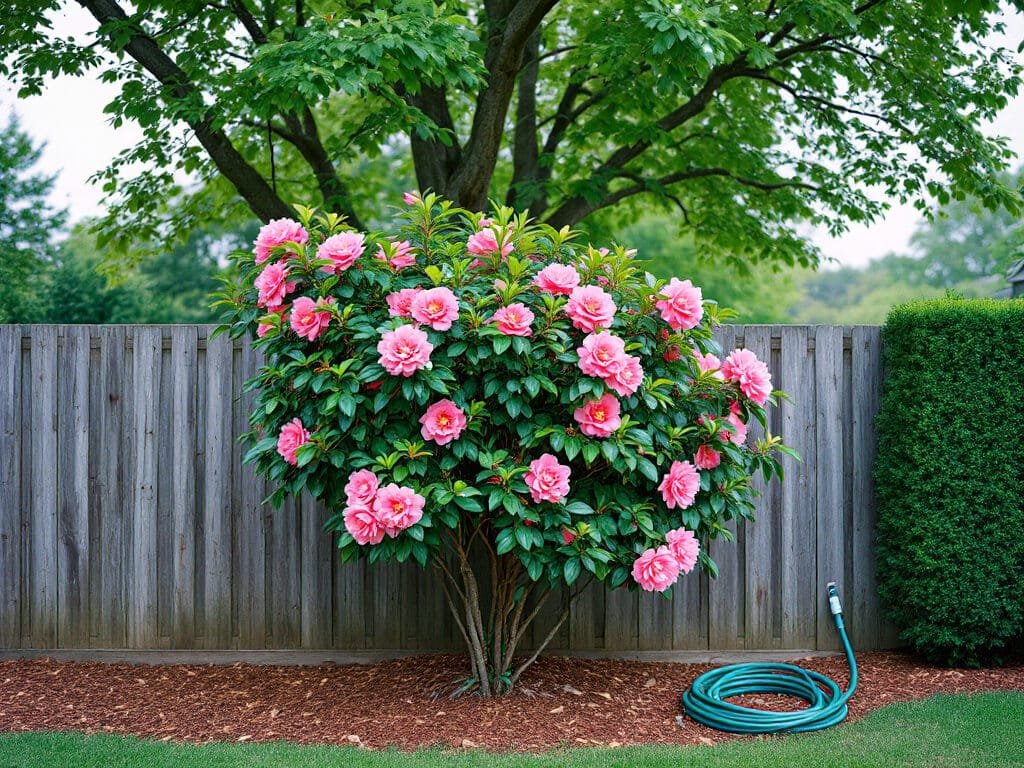 Camellia japonica with pink double flowers in dappled shade beside a wooden fence in a home garden border.