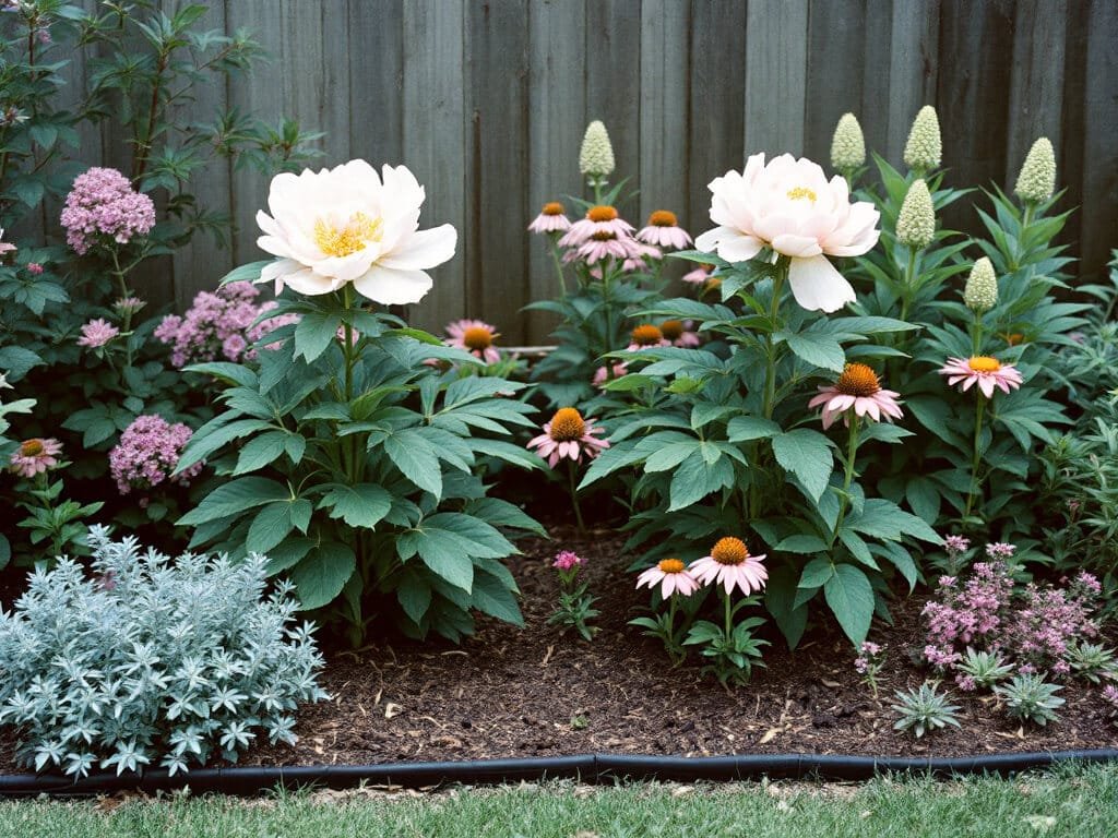 Two peonies spaced widely in a sunny border with catmint, garden phlox, coneflower, and sedum around them.