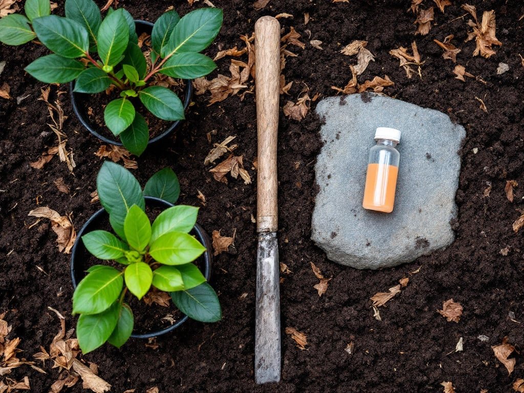 Dark compost-amended soil in a garden bed with a trowel, test vial and a potted young camellia ready for planting.