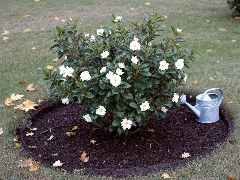 Newly planted young Camellia sasanqua with white flowers and a bark mulch ring in an autumn garden border.
