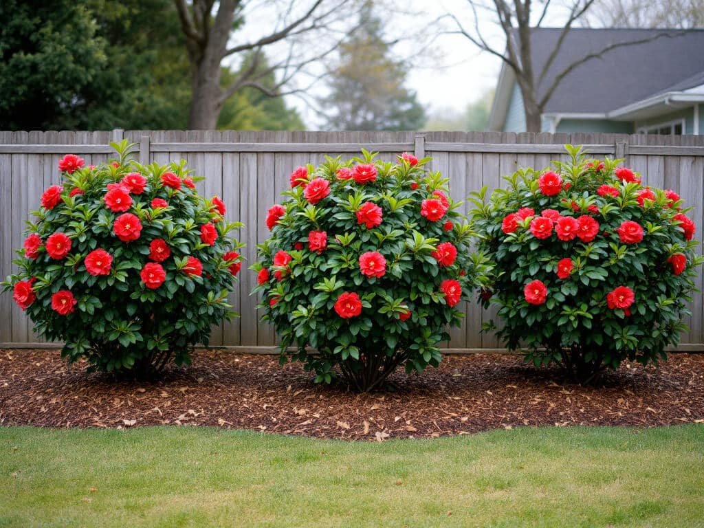 Three mature Camellia japonica shrubs with red flowers spaced widely apart along a home garden border.