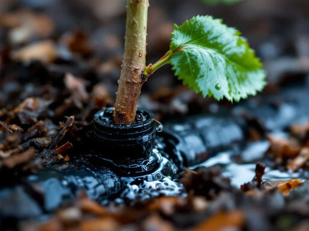 Drip emitter watering the mulched base of a young Camellia japonica in a home garden border.
