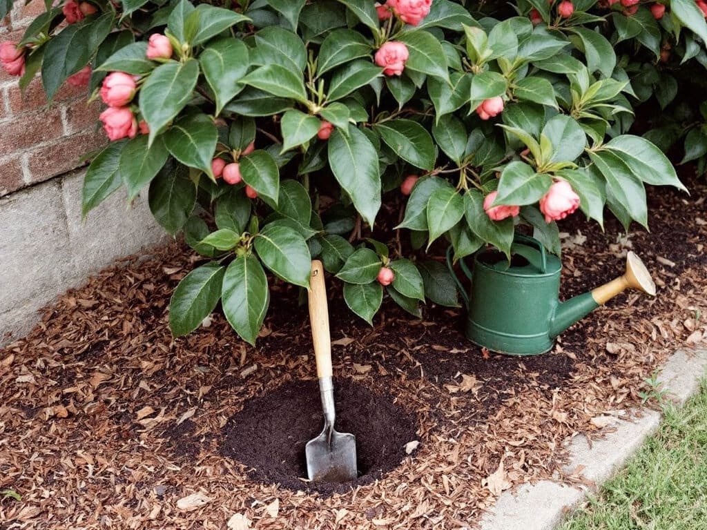 Trowel in moist soil beside a summer Camellia japonica with flower buds and a watering can nearby.