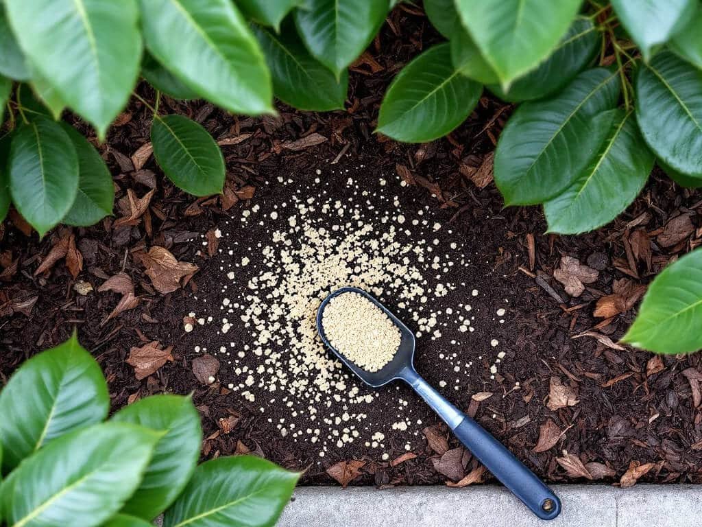 Fertilizer granules scattered on mulch beneath a Camellia japonica in a spring garden border.