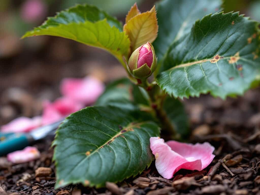 Clean pruning cut on a Camellia japonica stem with new growth bud, faded petals and secateurs on mulch.