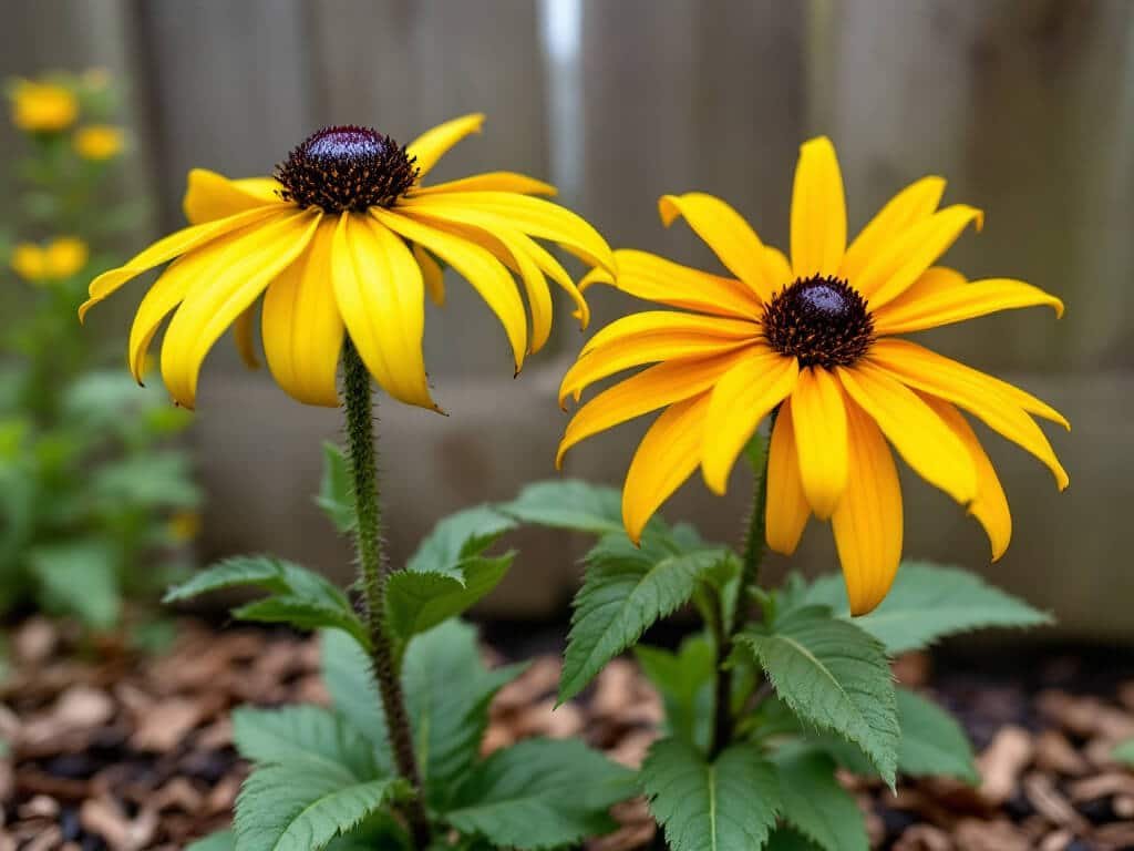 Rudbeckia hirta and Rudbeckia fulgida black-eyed Susan flowers side by side in a garden border.