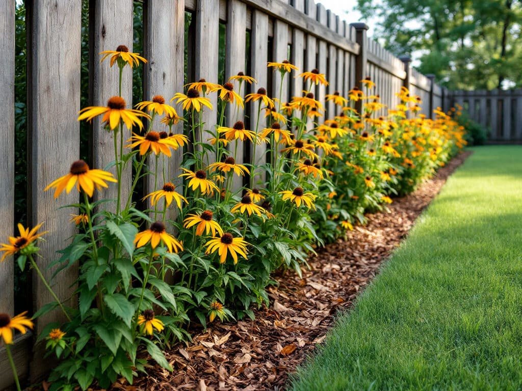 Mature Rudbeckia fulgida black-eyed Susans blooming in a sunny, mulched border along a wooden fence.
