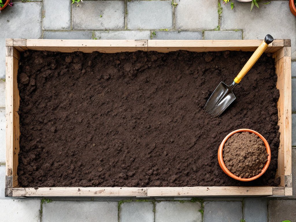 Loosened raised-bed soil and a terracotta pot of potting mix prepared for planting black-eyed Susan.