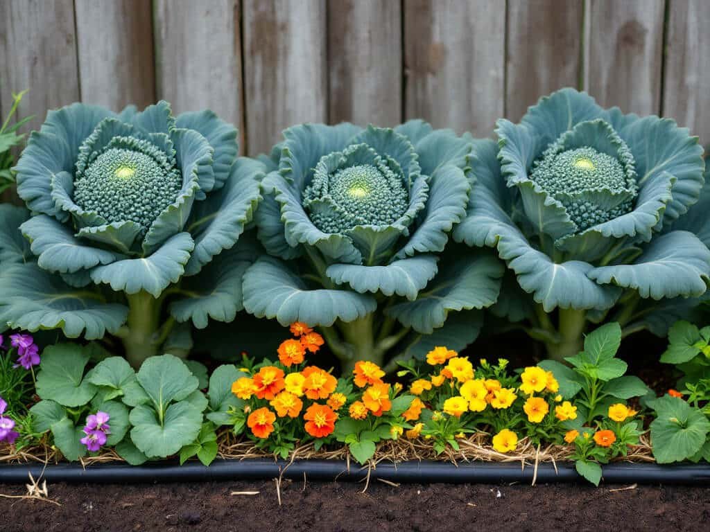 Broccoli plants in a raised bed with nasturtium, chives, and marigold growing along the edges.