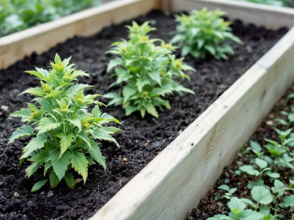 Young Rudbeckia hirta black-eyed Susan transplants set in a row in a freshly watered raised bed.