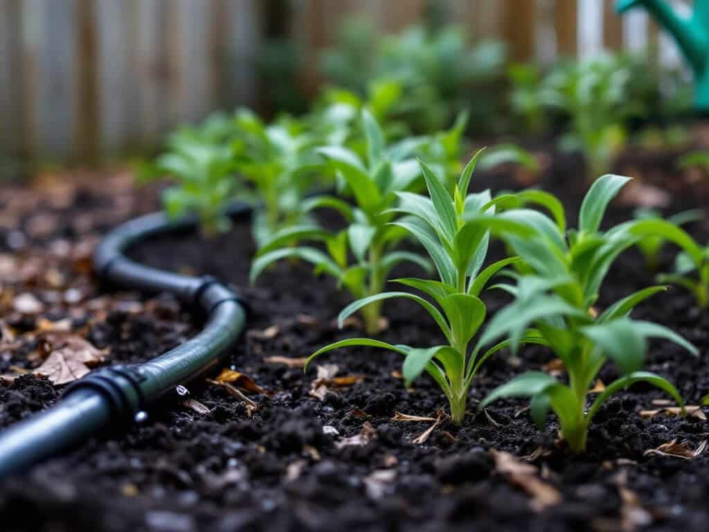 Young Rudbeckia fulgida plants with a drip line and evenly moist soil, a watering can resting beside the bed.
