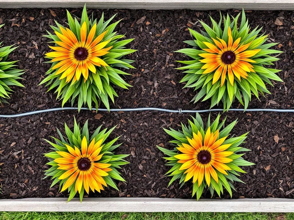 Four spaced Rudbeckia fulgida black-eyed Susan clumps in a raised bed with mulch gaps between them.