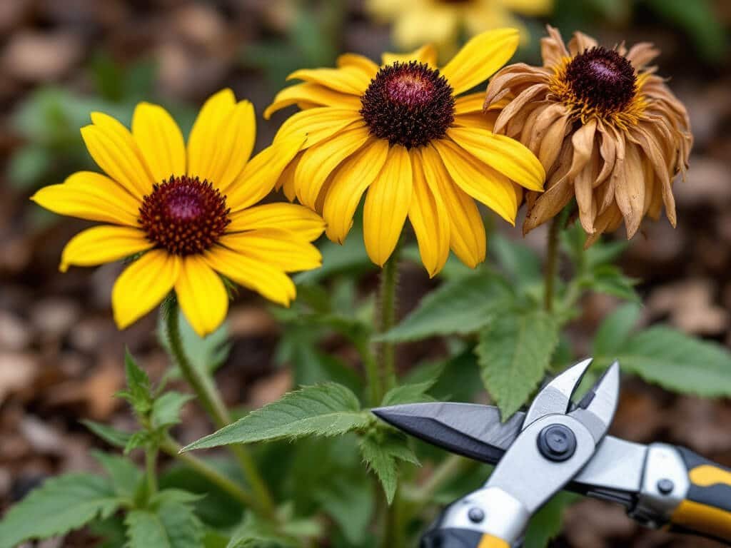 Fresh, fading, and spent Rudbeckia hirta black-eyed Susan flower heads on one plant, pruners resting nearby.