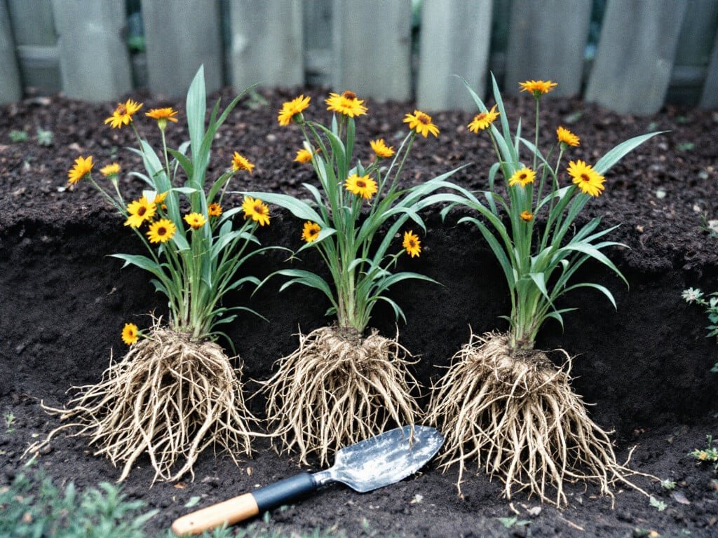 A dug-up Rudbeckia fulgida black-eyed Susan clump split into three sections beside a new planting hole.