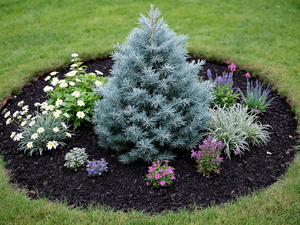 Young blue spruce in a home border with yarrow, catmint, purple coneflower and little bluestem growing at the mulch edge.
