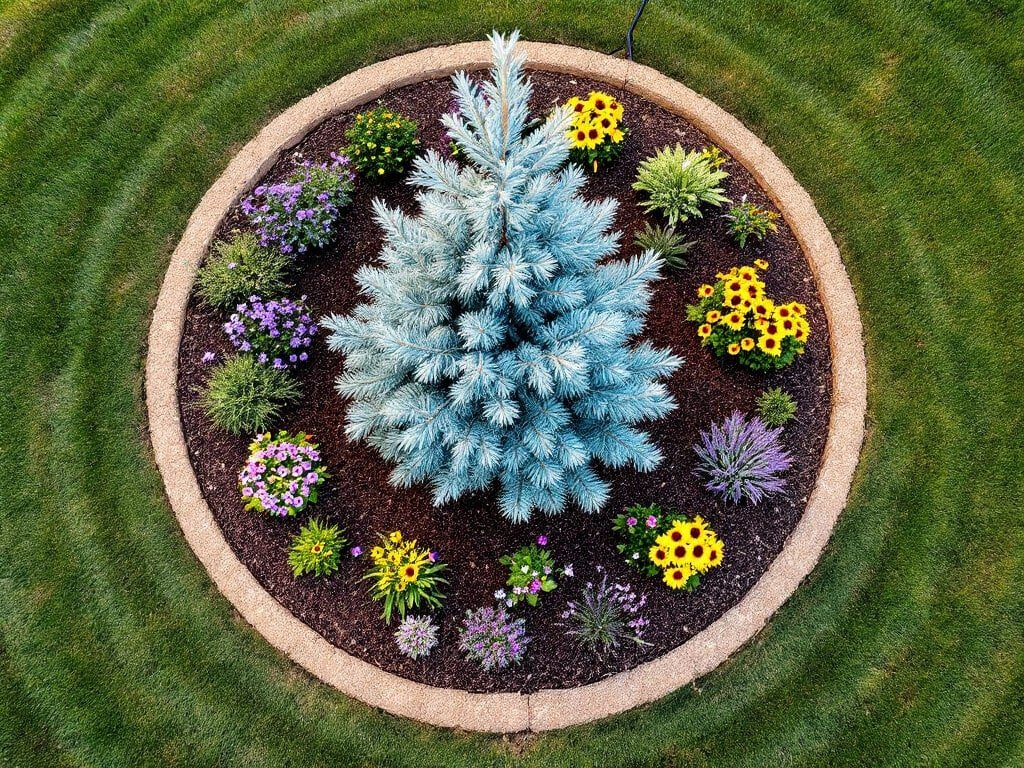 Top-down view of a blue spruce with a bare mulch ring and companion perennials, sedum and juniper planted outward.