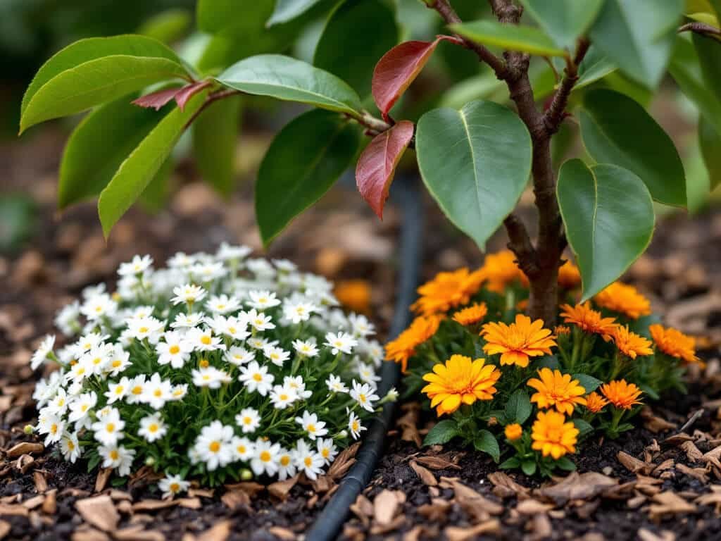 Young avocado branch above sweet alyssum and calendula growing in a mulched home garden bed.