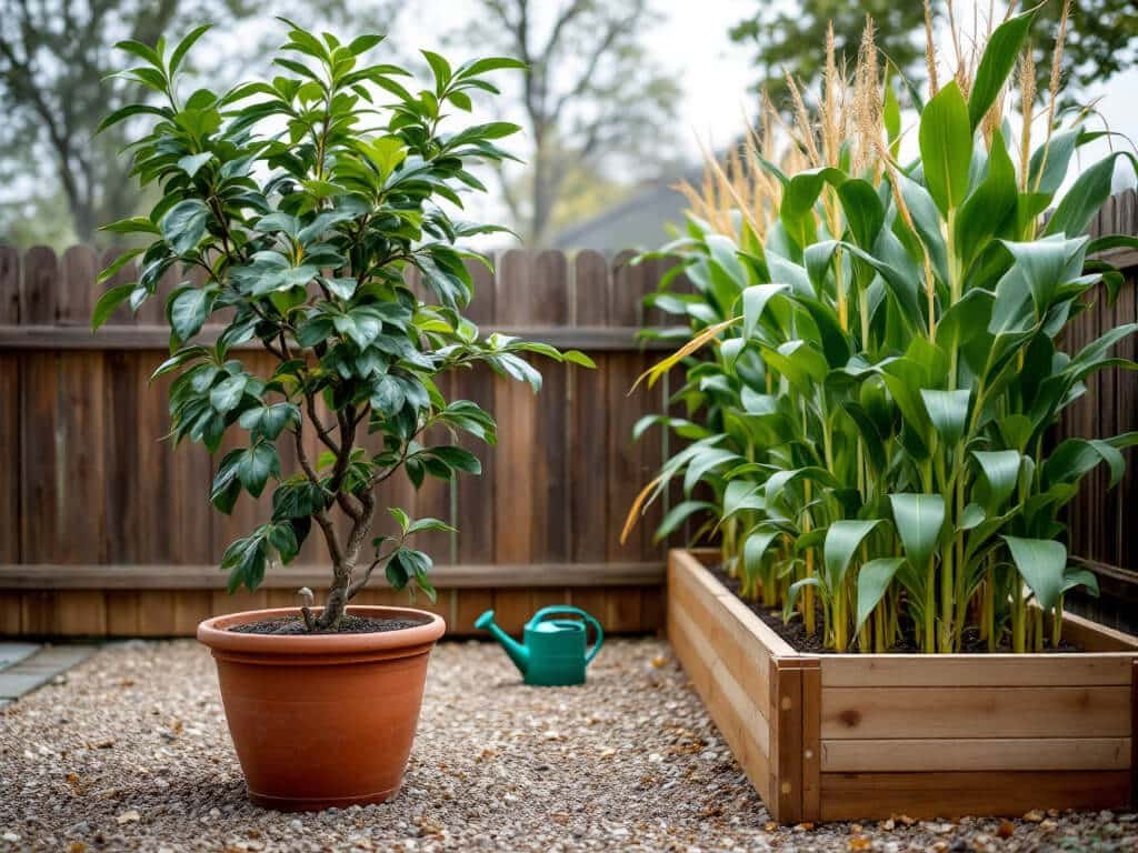 A potted avocado tree beside a separate raised bed of corn, shown as an incompatible planting pair.
