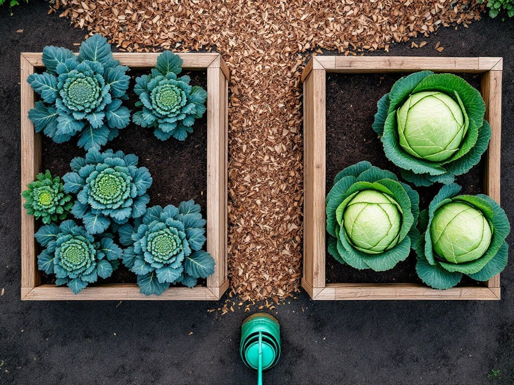 Broccoli in one raised bed and cabbage in a separate bed, seen from above with a path between them.