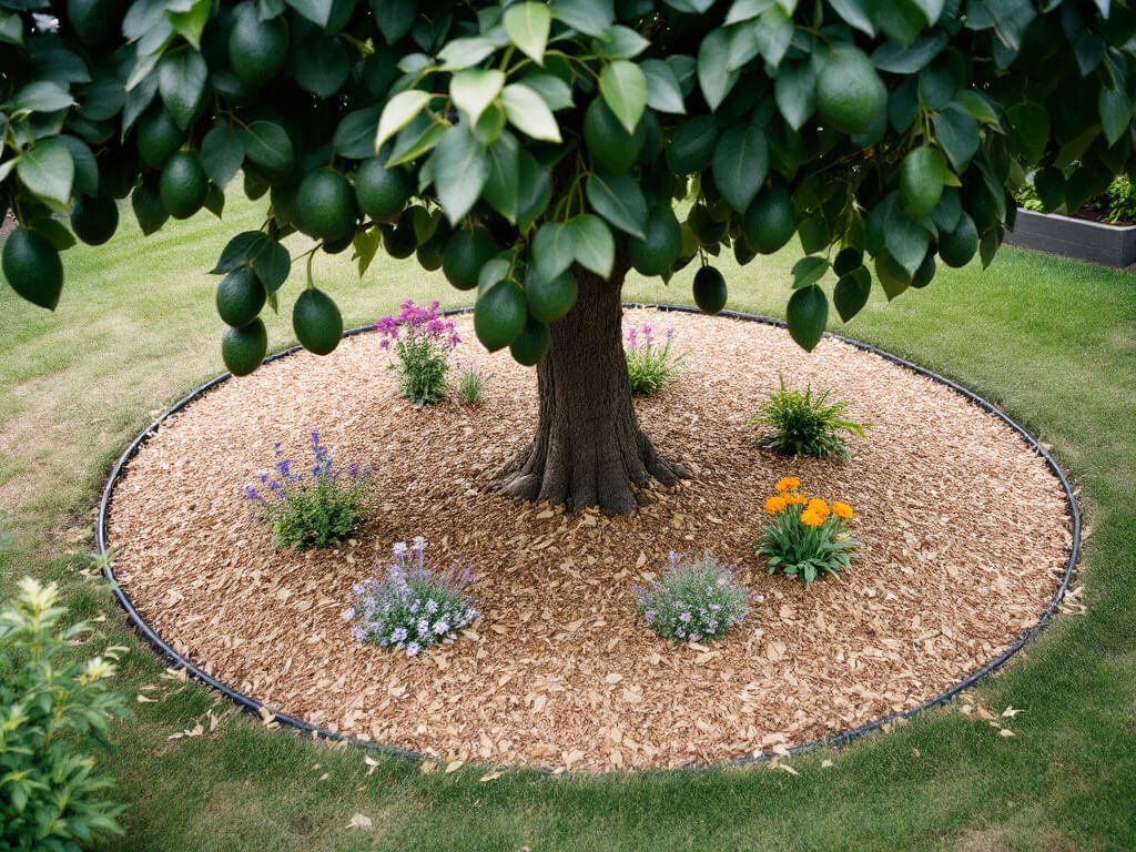 Avocado tree with a mulch ring, clear trunk zone, and borage, yarrow, chives, and calendula planted at the canopy edge.