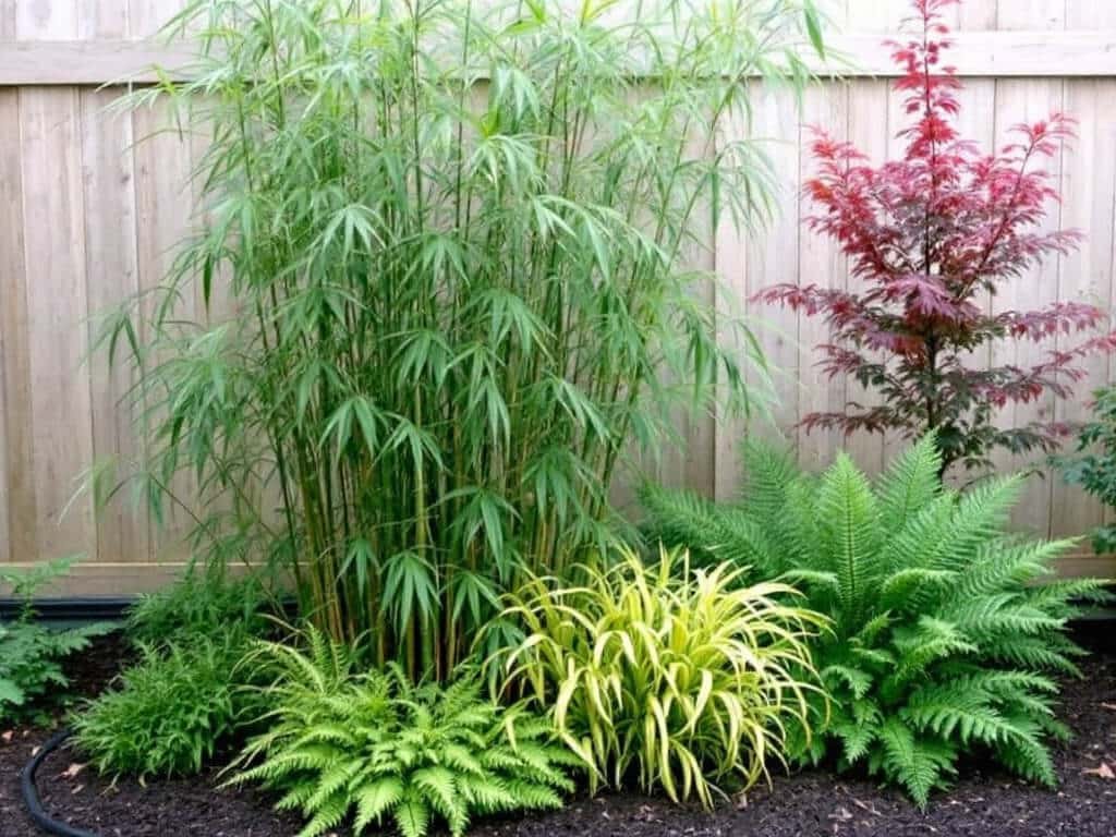 Clumping bamboo planted with Hakonechloa, ferns and a Japanese maple in a mulched home garden border.