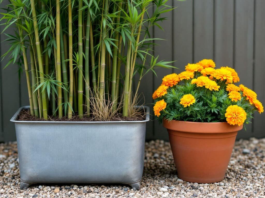 Running bamboo in a metal trough beside a separate pot of French marigolds on a gravel patio.