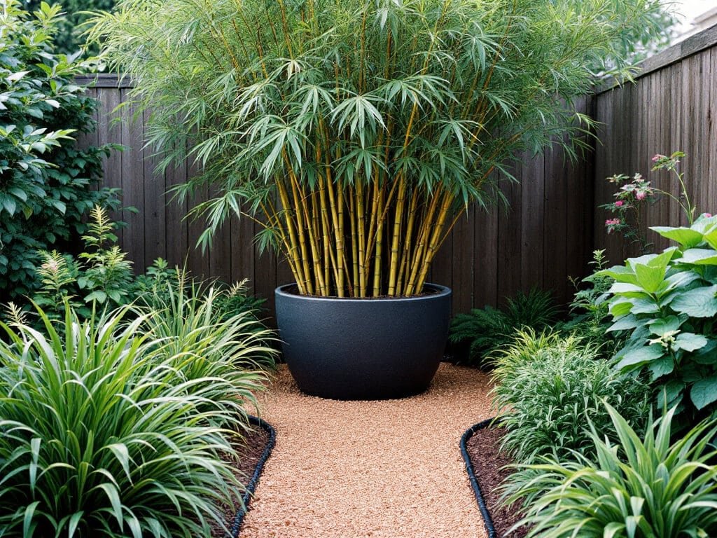 Contained clumping bamboo with ferns, Hakonechloa and Ophiopogon in front and azalea and hydrangea behind, with a mulch path.