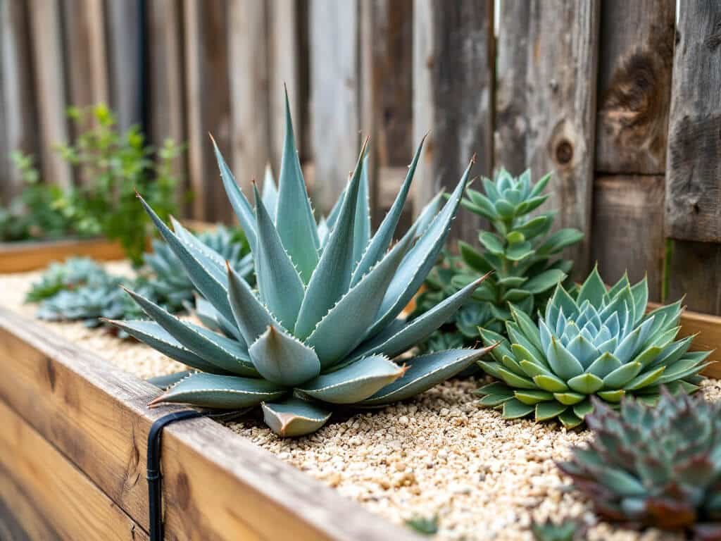 Aloe vera growing in a raised bed with echeveria rosettes and low sedum in gritty soil with gravel mulch.