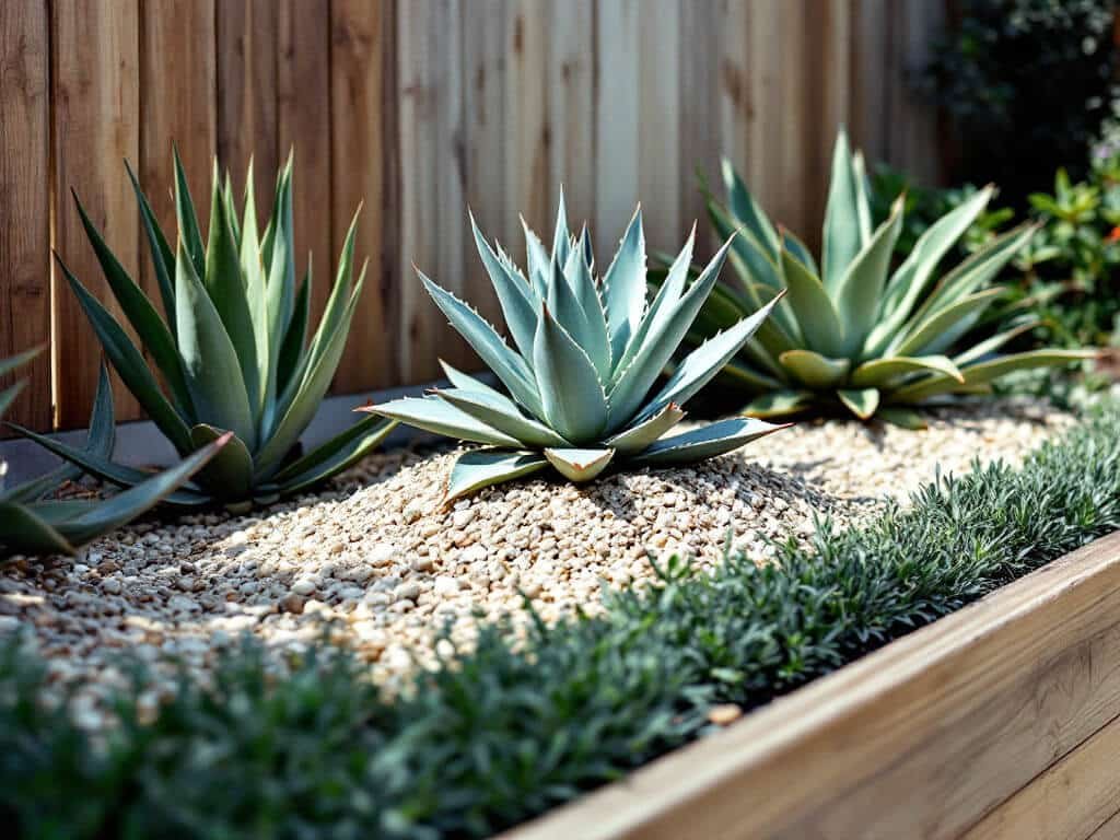 Raised bed with an aloe vera on a gravel mound, agave and thyme spaced apart so no foliage overlaps.