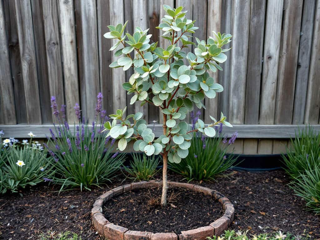 Young eucalyptus in a garden border with lavender, yarrow, coneflower and thyme growing beyond a bare soil ring.