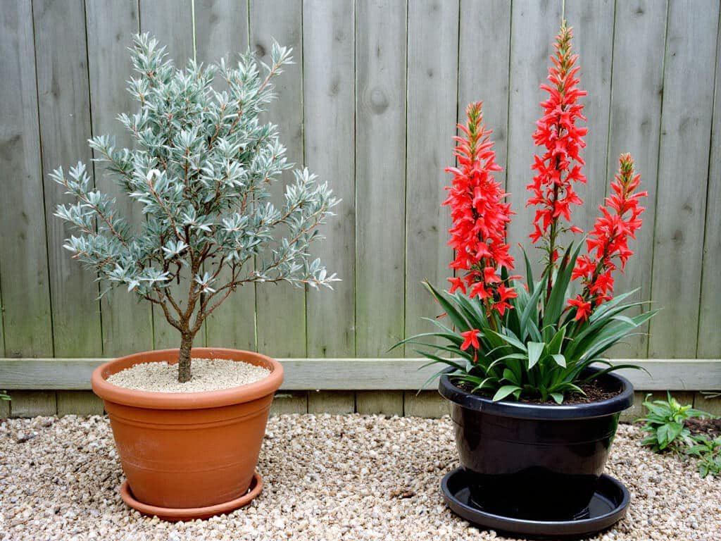 Eucalyptus in a dry terracotta pot beside a cardinal flower in a wet glazed pot, kept apart on a gravel patio.