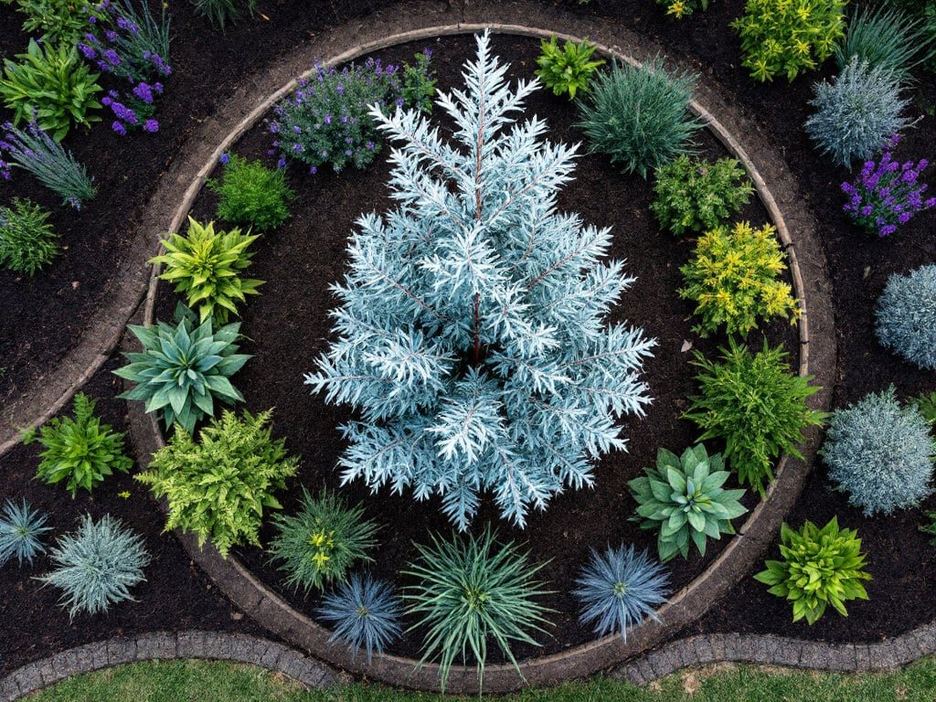 Top-down view of a eucalyptus bed with a bare soil ring, taller companions beyond it and low plants at the edge.
